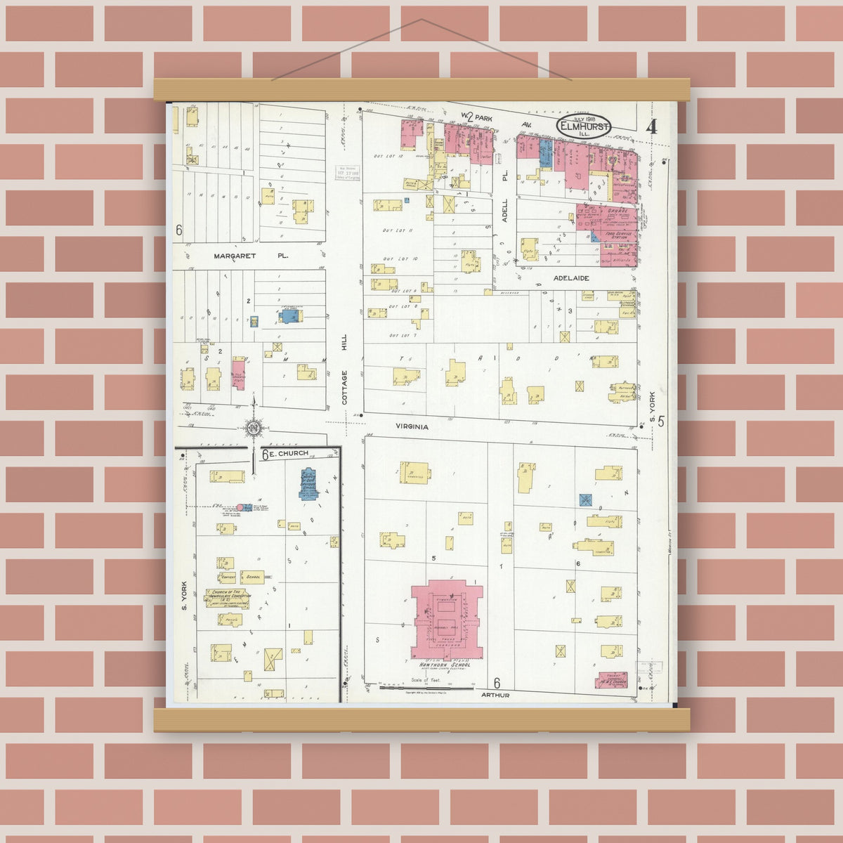 Old map wall art mockup — magnetic wood frame on brick wall — Sanborn Fire Insurance Map from Elmhurst, Du Page County, Illinois (1918), Sheet #0004