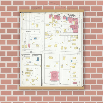 Old map wall art mockup — magnetic wood frame on brick wall — Sanborn Fire Insurance Map from Elmhurst, Du Page County, Illinois (1918), Sheet #0004