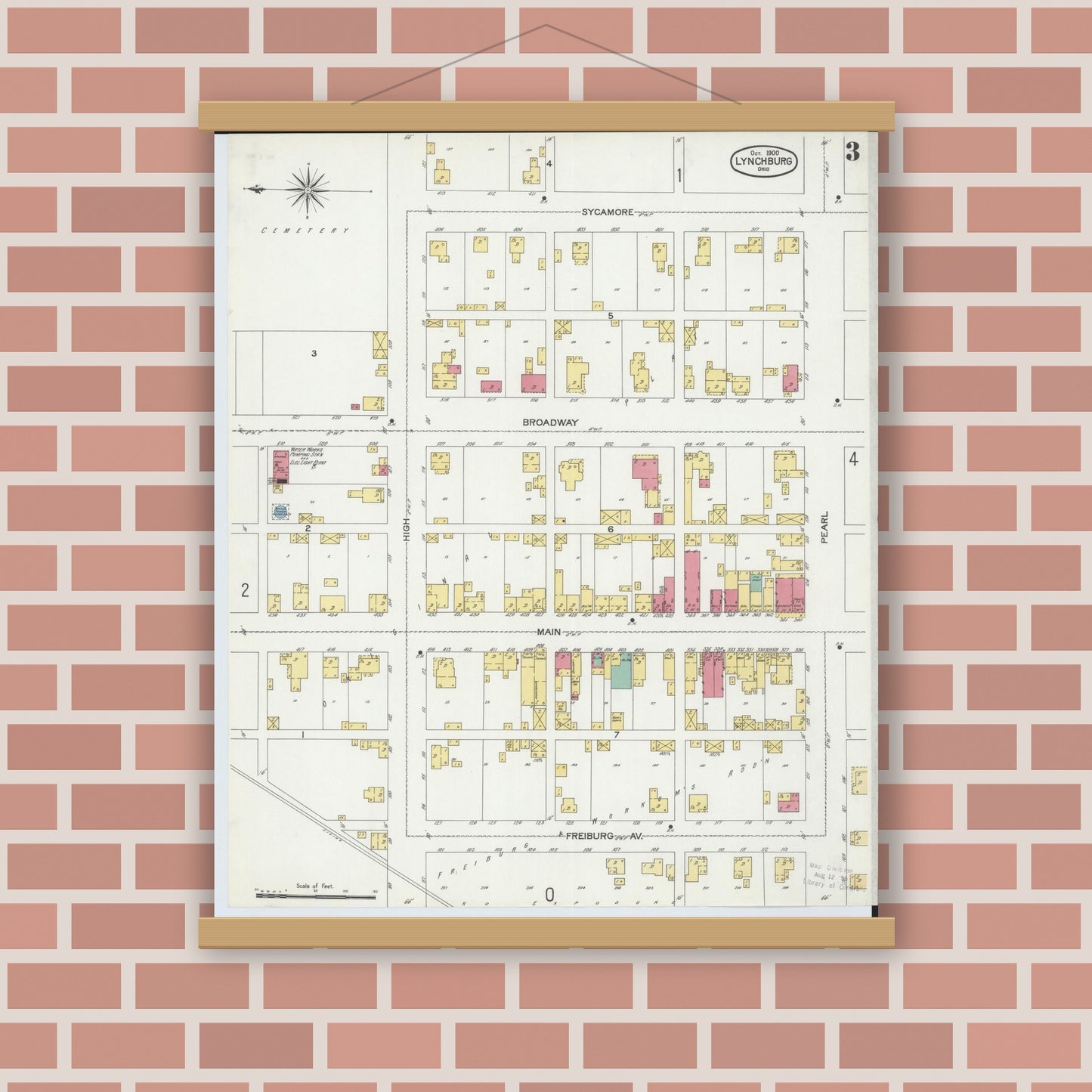 Old map wall art mockup — magnetic wood frame on brick wall — Sanborn Fire Insurance Map from Lynchburg, Highland County, Ohio (1900), Sheet #0003