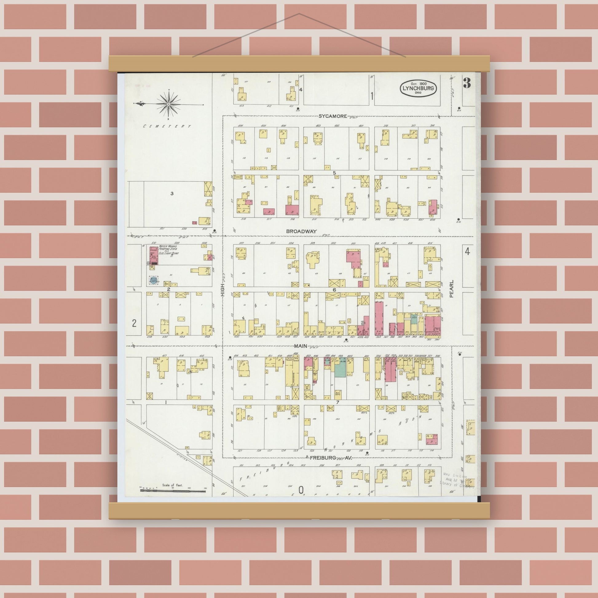 Old map wall art mockup — magnetic wood frame on brick wall — Sanborn Fire Insurance Map from Lynchburg, Highland County, Ohio (1900), Sheet #0003