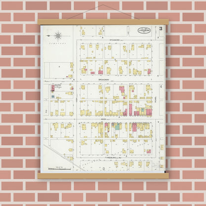 Old map wall art mockup — magnetic wood frame on brick wall — Sanborn Fire Insurance Map from Lynchburg, Highland County, Ohio (1900), Sheet #0003