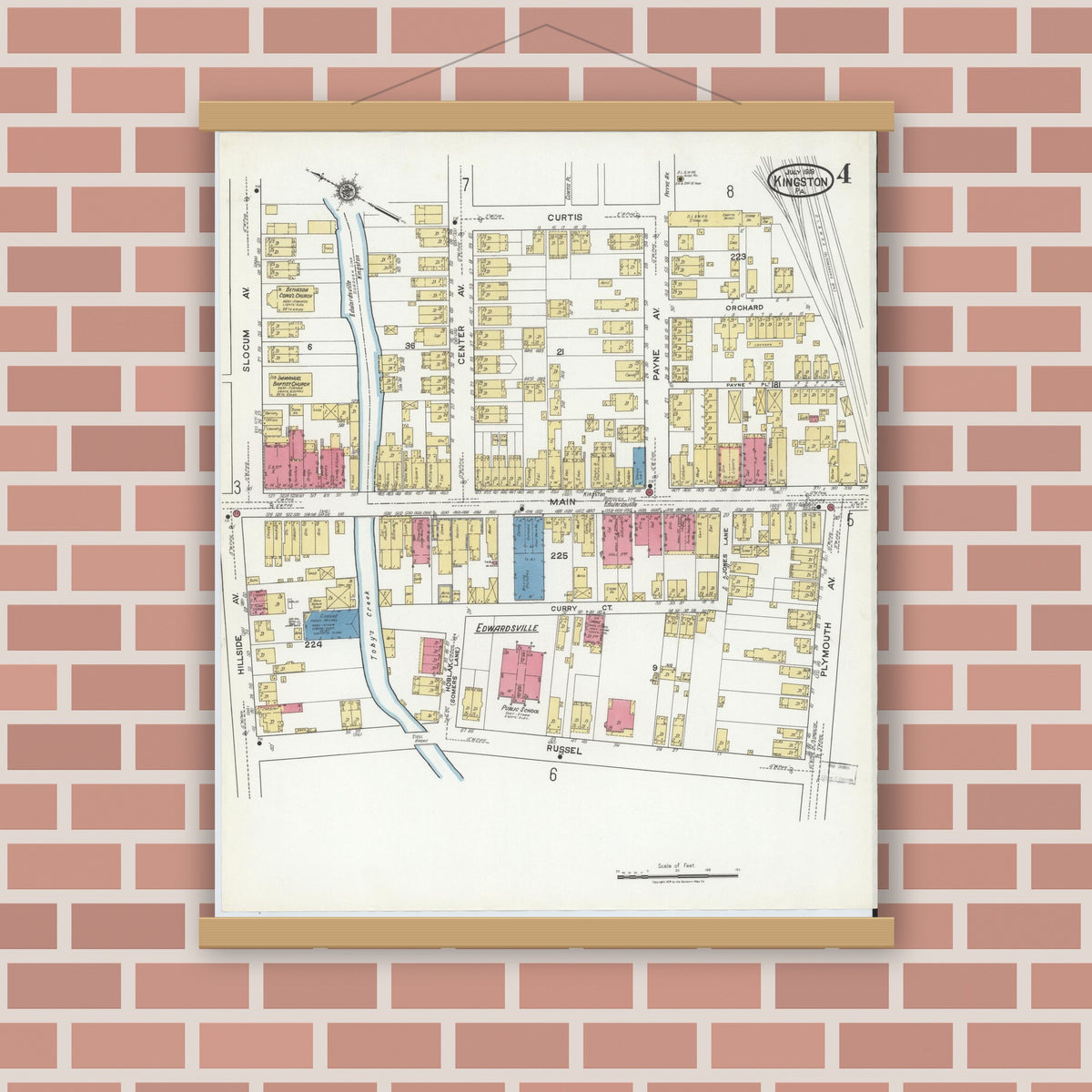 Old map wall art mockup — magnetic wood frame on brick wall — Sanborn Fire Insurance Map from Kingston, Luzerne County, Pennsylvania (1919), Sheet #0004