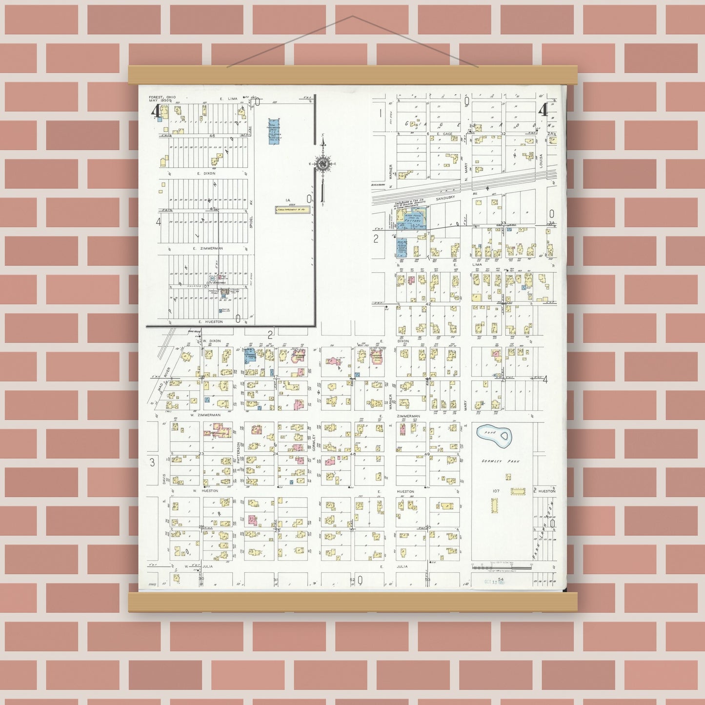 Old map wall art mockup — magnetic wood frame on brick wall — Sanborn Fire Insurance Map from Forest, Hardin County, Ohio (1950), Sheet #0004