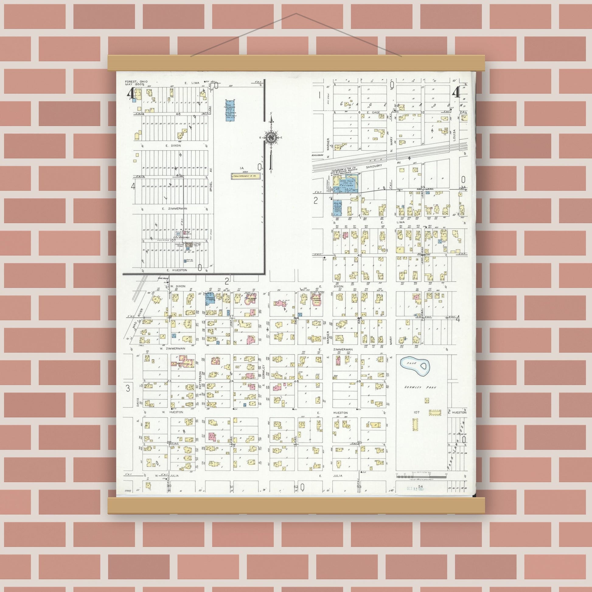 Old map wall art mockup — magnetic wood frame on brick wall — Sanborn Fire Insurance Map from Forest, Hardin County, Ohio (1950), Sheet #0004