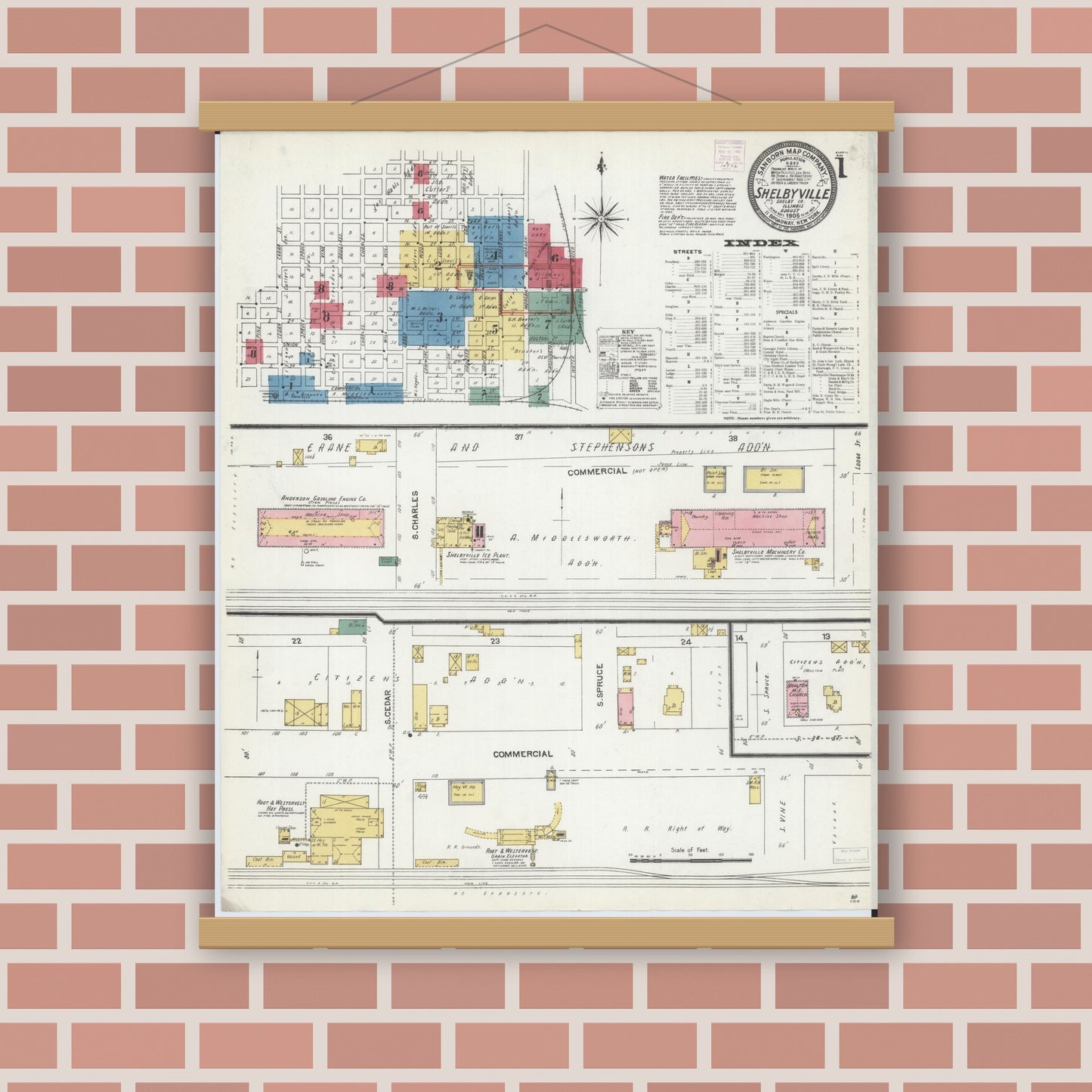 Old map wall art mockup — magnetic wood frame on brick wall — Sanborn Fire Insurance Map from Shelbyville, Shelby County, Illinois (1906) - Complete Map Set