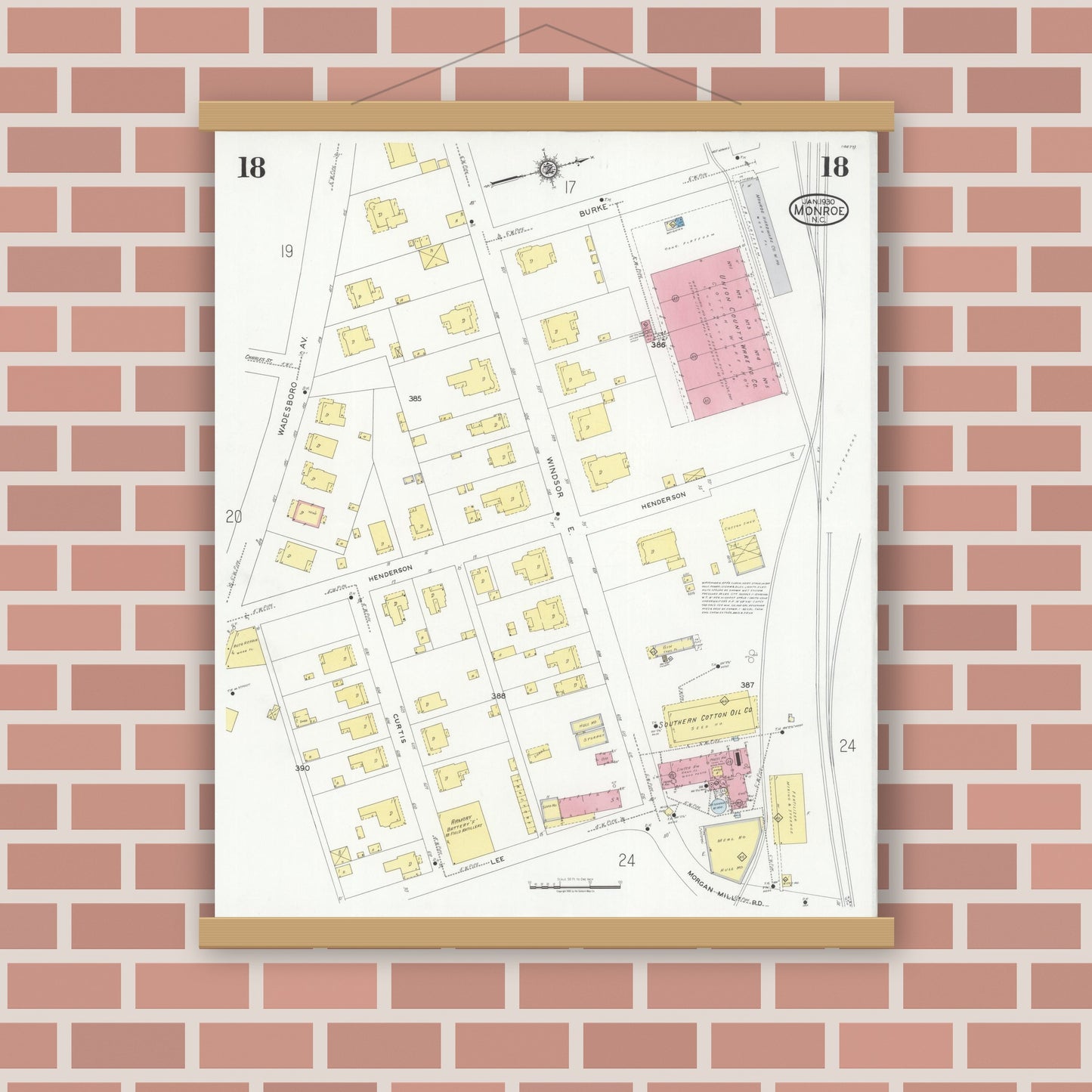 Old map wall art mockup — magnetic wood frame on brick wall — Sanborn Fire Insurance Map from Monroe, Union County, North Carolina (1930), Sheet #0018