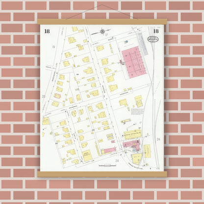Old map wall art mockup — magnetic wood frame on brick wall — Sanborn Fire Insurance Map from Monroe, Union County, North Carolina (1930), Sheet #0018