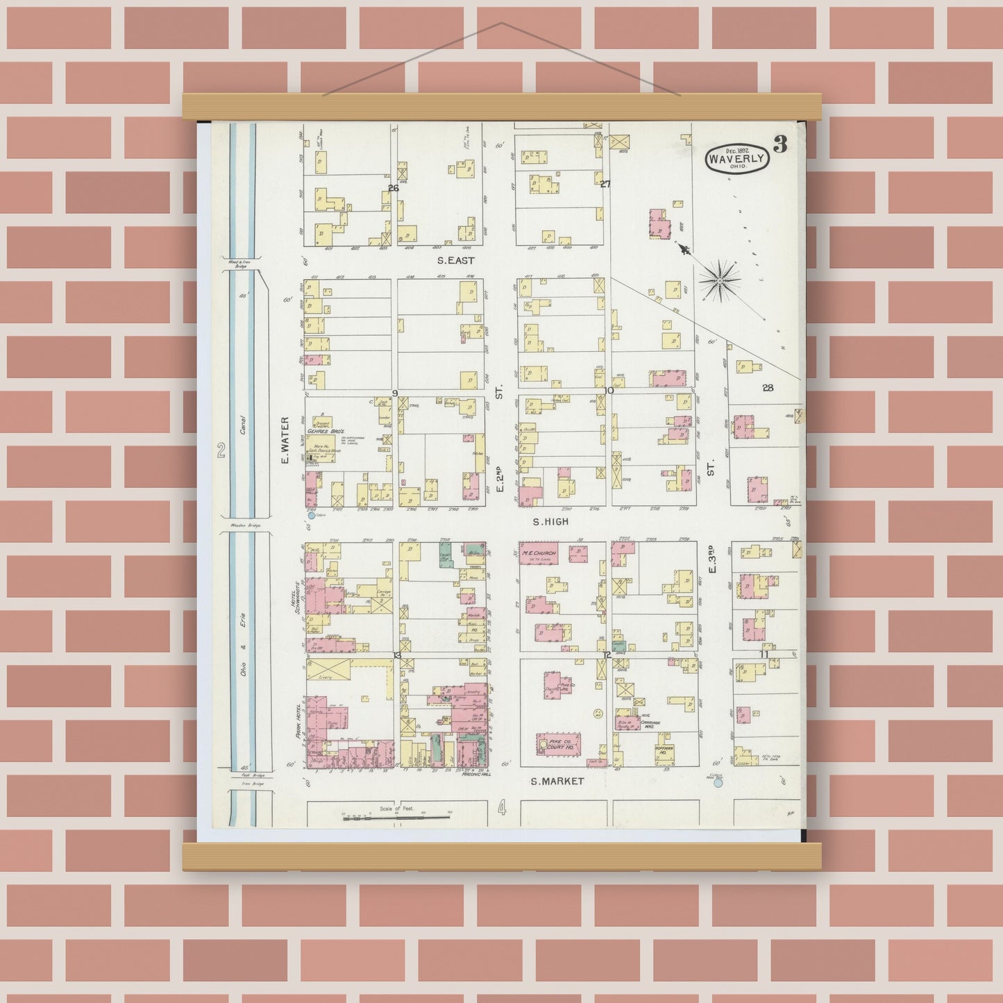 Old map wall art mockup — magnetic wood frame on brick wall — Sanborn Fire Insurance Map from Waverly, Pike County, Ohio (1892), Sheet #0003
