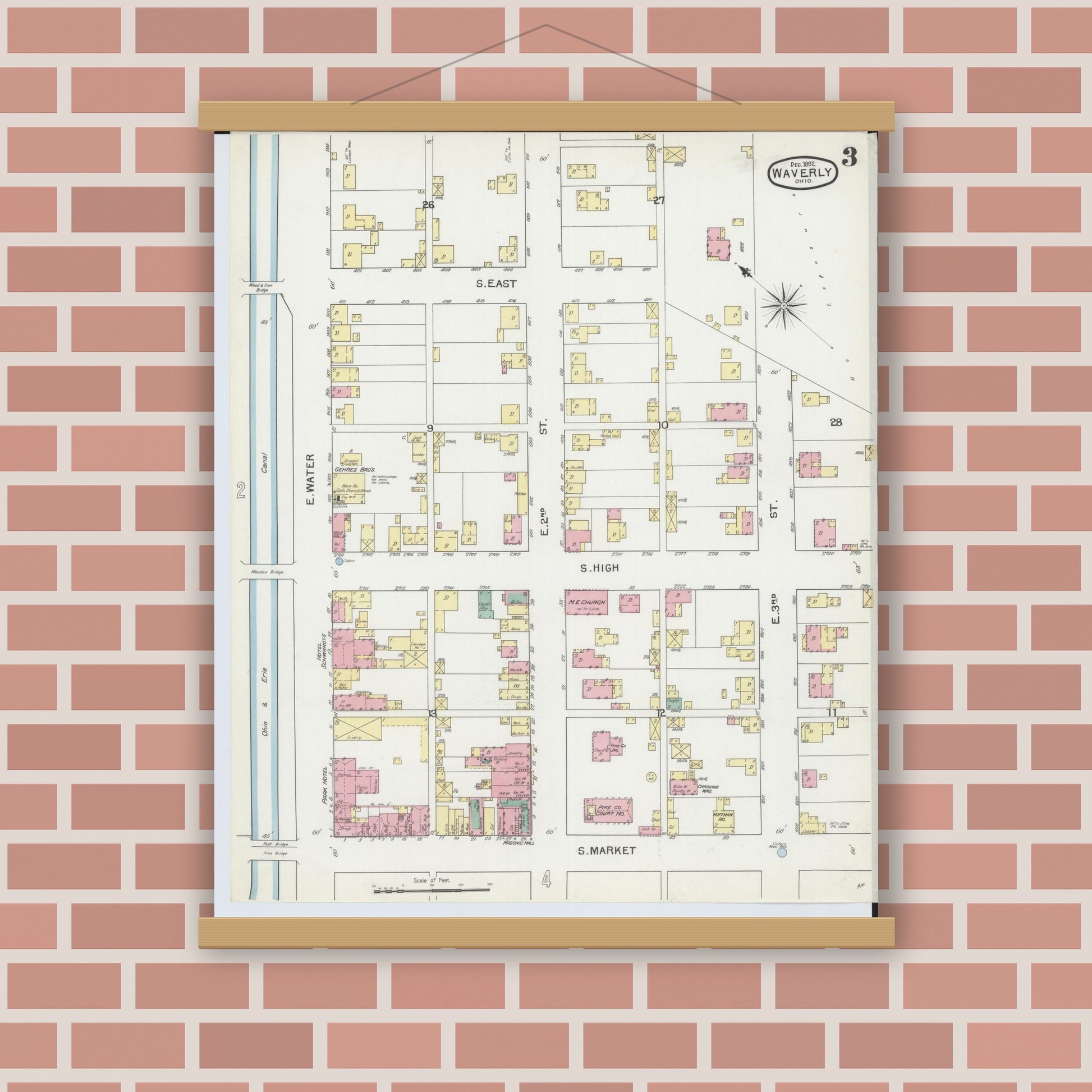 Old map wall art mockup — magnetic wood frame on brick wall — Sanborn Fire Insurance Map from Waverly, Pike County, Ohio (1892), Sheet #0003