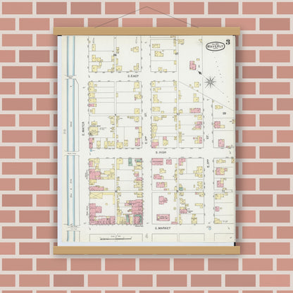 Old map wall art mockup — magnetic wood frame on brick wall — Sanborn Fire Insurance Map from Waverly, Pike County, Ohio (1892), Sheet #0003