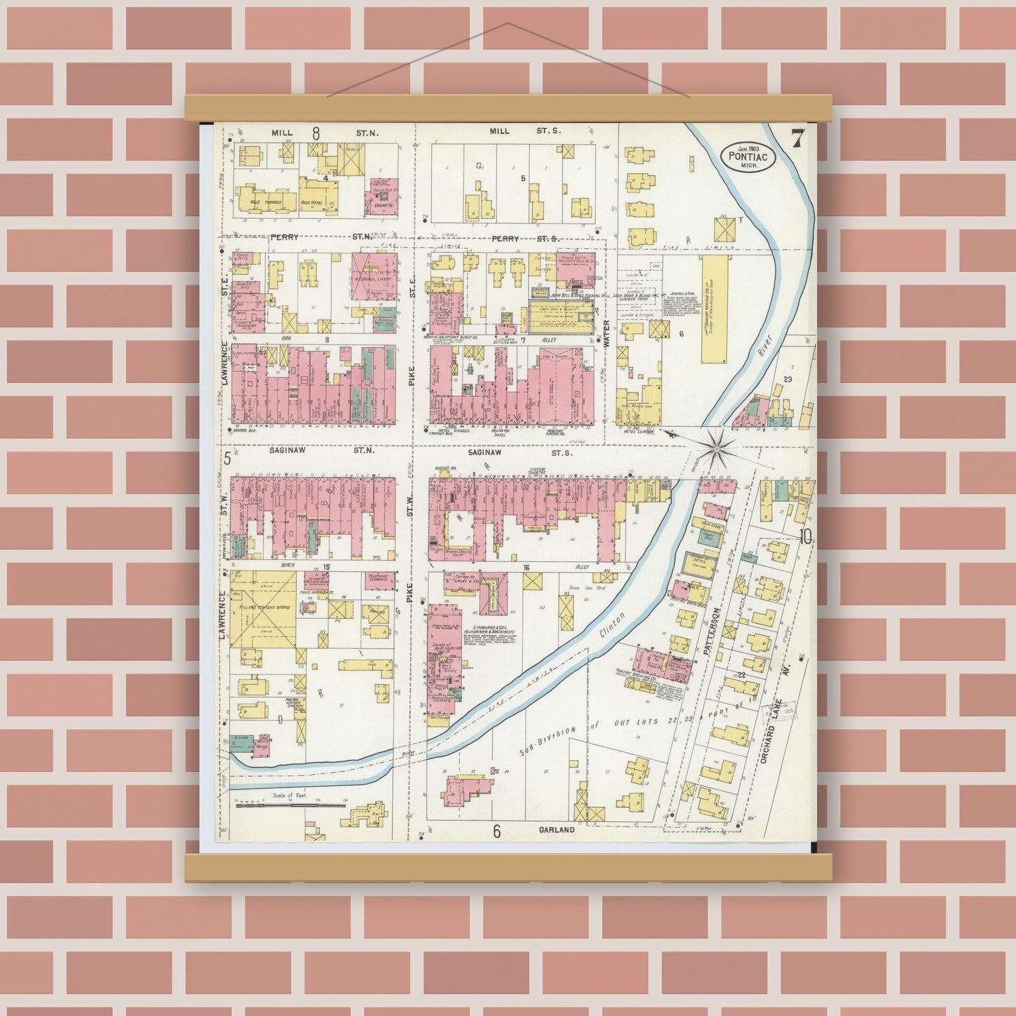 Old map wall art mockup — magnetic wood frame on brick wall — Sanborn Fire Insurance Map from Pontiac, Oakland County, Michigan (1903), Sheet #0007