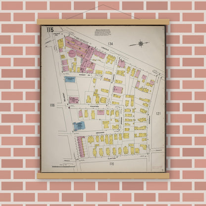 Old map wall art mockup — magnetic wood frame on brick wall — Sanborn Fire Insurance Map from Worcester, Worcester County, Massachusetts (1910), Sheet #0115