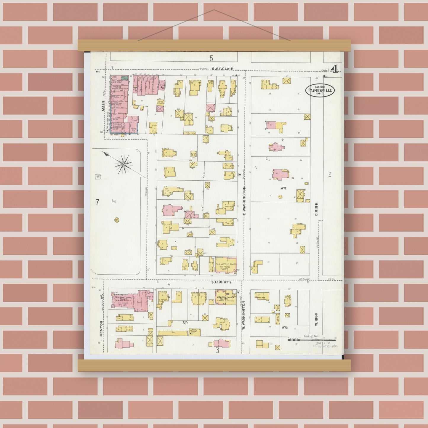 Old map wall art mockup — magnetic wood frame on brick wall — Sanborn Fire Insurance Map from Painesville, Lake County, Ohio (1904), Sheet #0004
