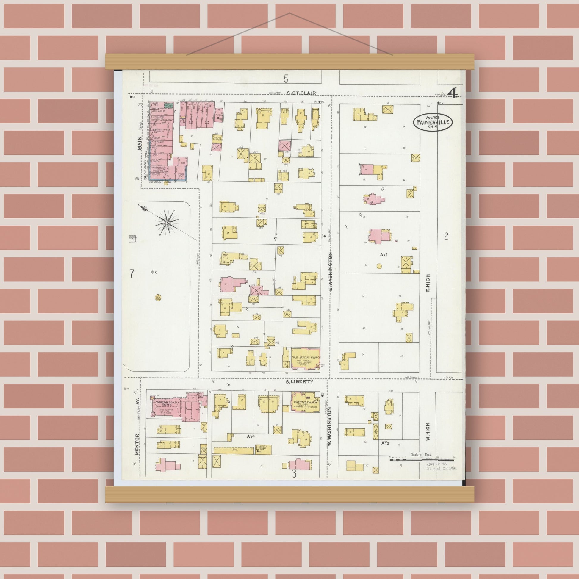 Old map wall art mockup — magnetic wood frame on brick wall — Sanborn Fire Insurance Map from Painesville, Lake County, Ohio (1904), Sheet #0004