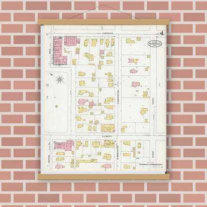 Old map wall art mockup — magnetic wood frame on brick wall — Sanborn Fire Insurance Map from Painesville, Lake County, Ohio (1904), Sheet #0004