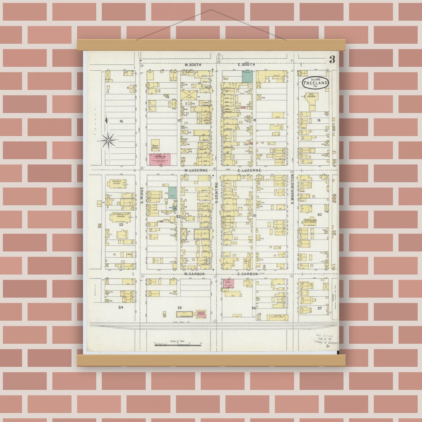 Old map wall art mockup — magnetic wood frame on brick wall — Sanborn Fire Insurance Map from Freeland, Luzerne County, Pennsylvania (1895), Sheet #0003