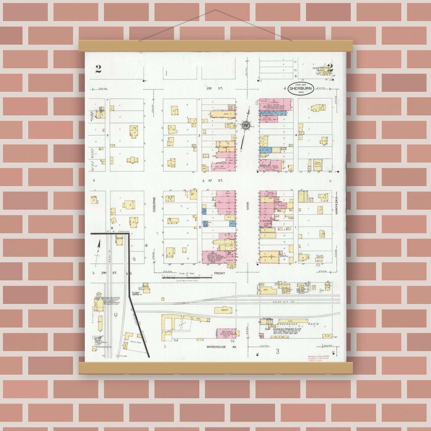 Old map wall art mockup — magnetic wood frame on brick wall — Sanborn Fire Insurance Map from Sherburn, Martin County, Minnesota (1928), Sheet #0002