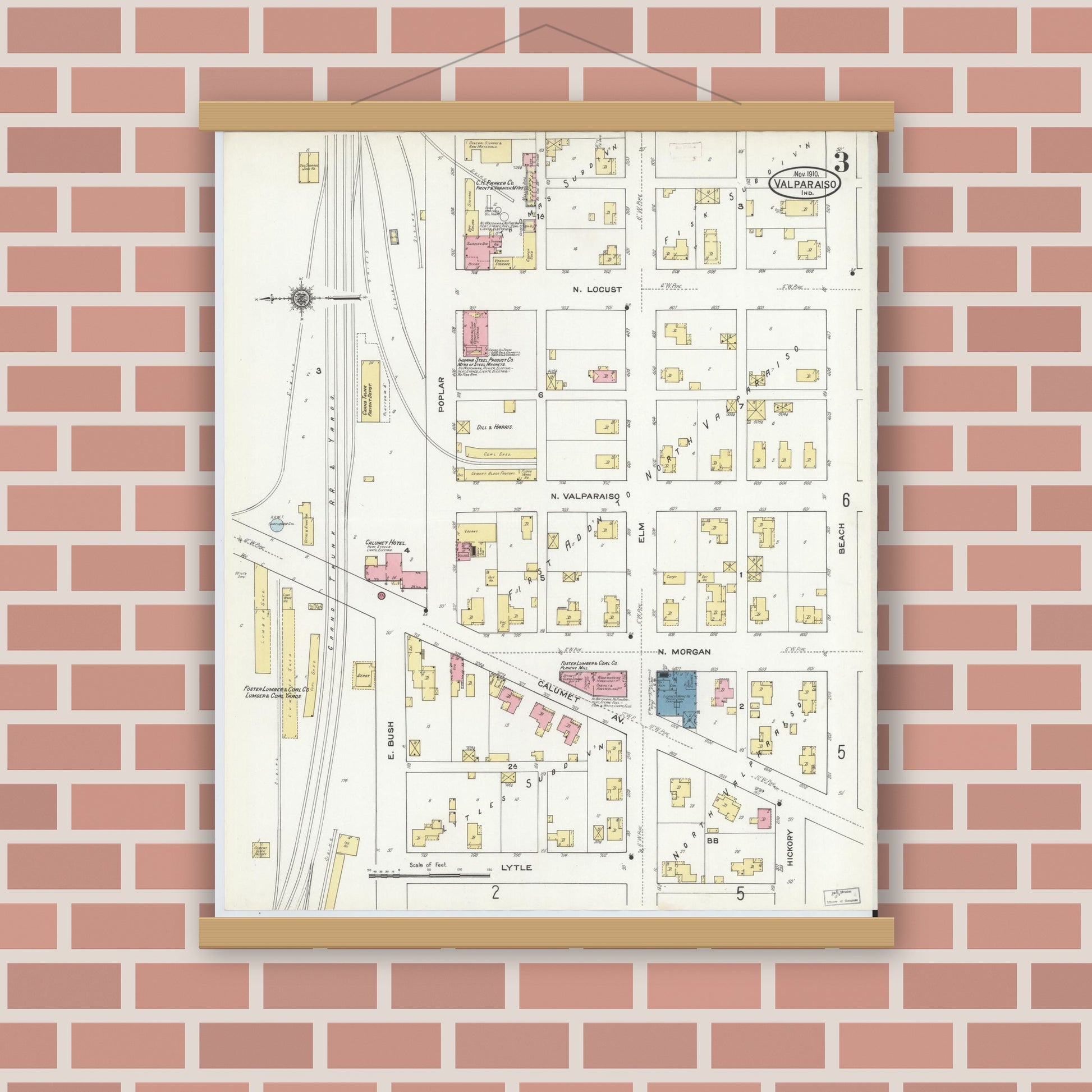 Old map wall art mockup — magnetic wood frame on brick wall — Sanborn Fire Insurance Map from Valparaiso, Porter County, Indiana (1910), Sheet #0003