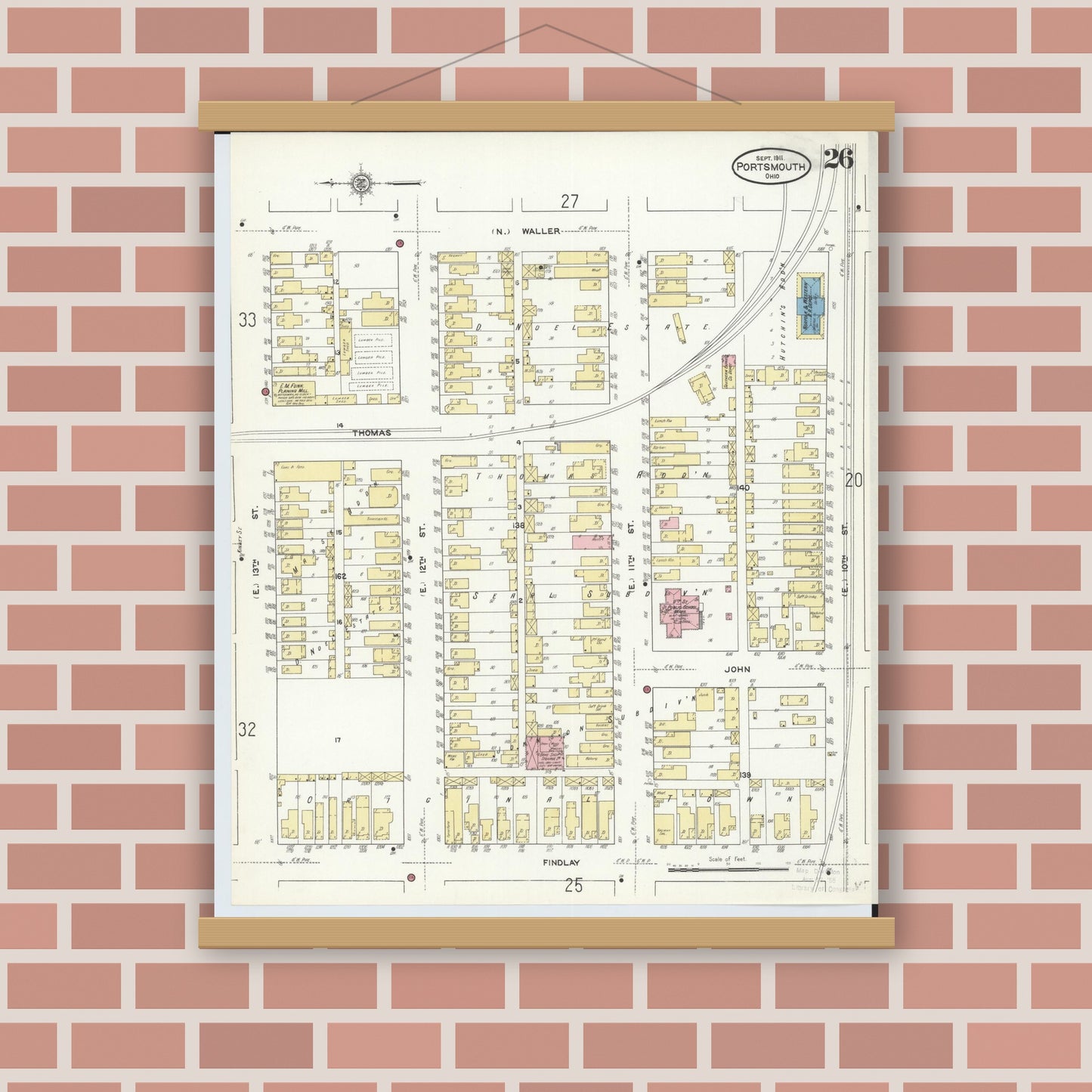Old map wall art mockup — magnetic wood frame on brick wall — Sanborn Fire Insurance Map from Portsmouth, Scioto County, Ohio (1911), Sheet #0026