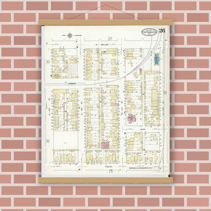 Old map wall art mockup — magnetic wood frame on brick wall — Sanborn Fire Insurance Map from Portsmouth, Scioto County, Ohio (1911), Sheet #0026
