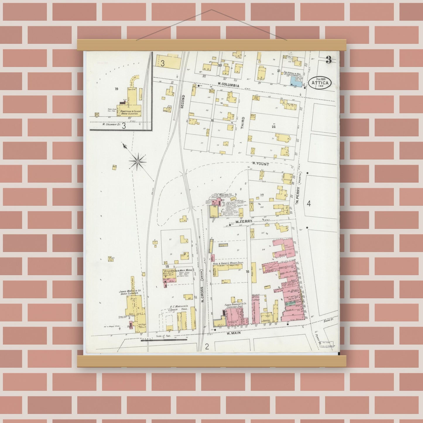 Old map wall art mockup — magnetic wood frame on brick wall — Sanborn Fire Insurance Map from Attica, Fountain County, Indiana (1899), Sheet #0003