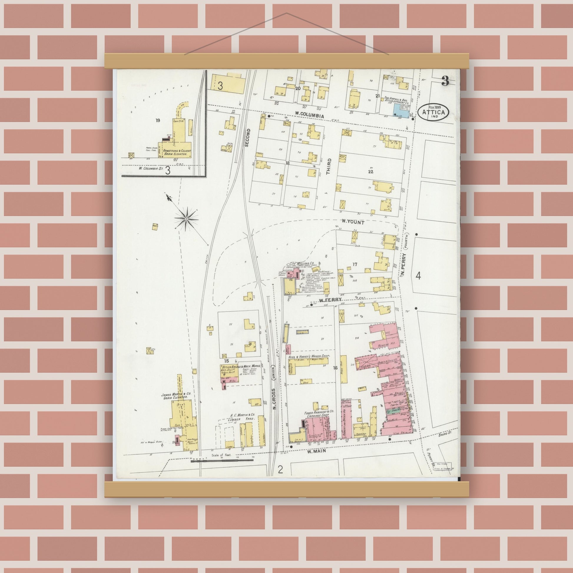 Old map wall art mockup — magnetic wood frame on brick wall — Sanborn Fire Insurance Map from Attica, Fountain County, Indiana (1899), Sheet #0003