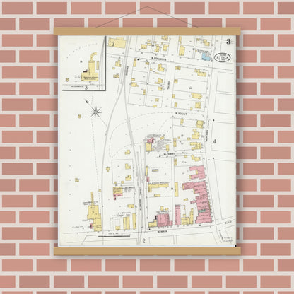 Old map wall art mockup — magnetic wood frame on brick wall — Sanborn Fire Insurance Map from Attica, Fountain County, Indiana (1899), Sheet #0003
