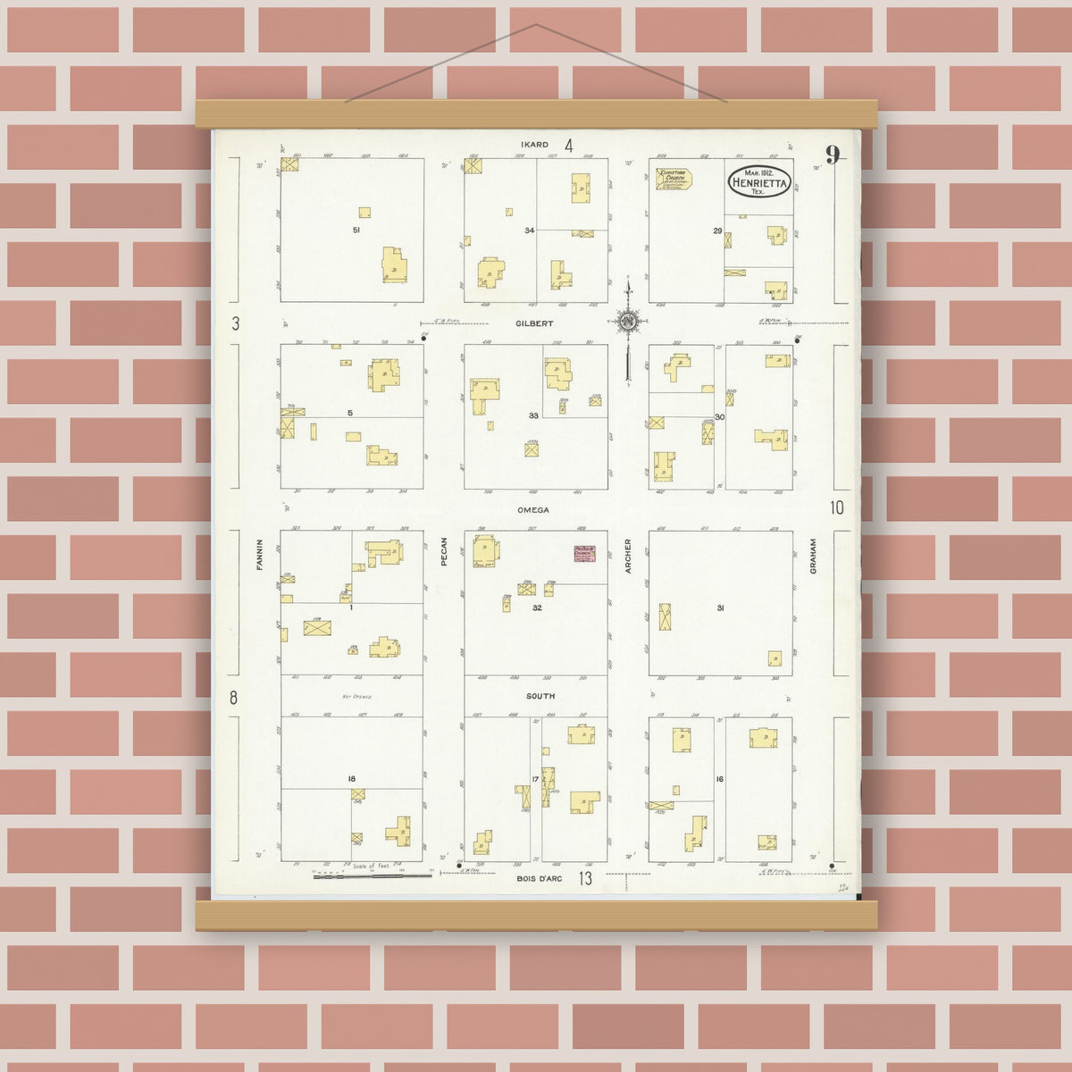 Old map wall art mockup — magnetic wood frame on brick wall — Sanborn Fire Insurance Map from Henrietta, Clay County, Texas (1912), Sheet #0009