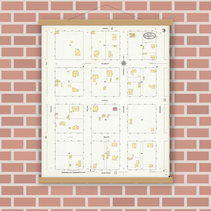 Old map wall art mockup — magnetic wood frame on brick wall — Sanborn Fire Insurance Map from Henrietta, Clay County, Texas (1912), Sheet #0009