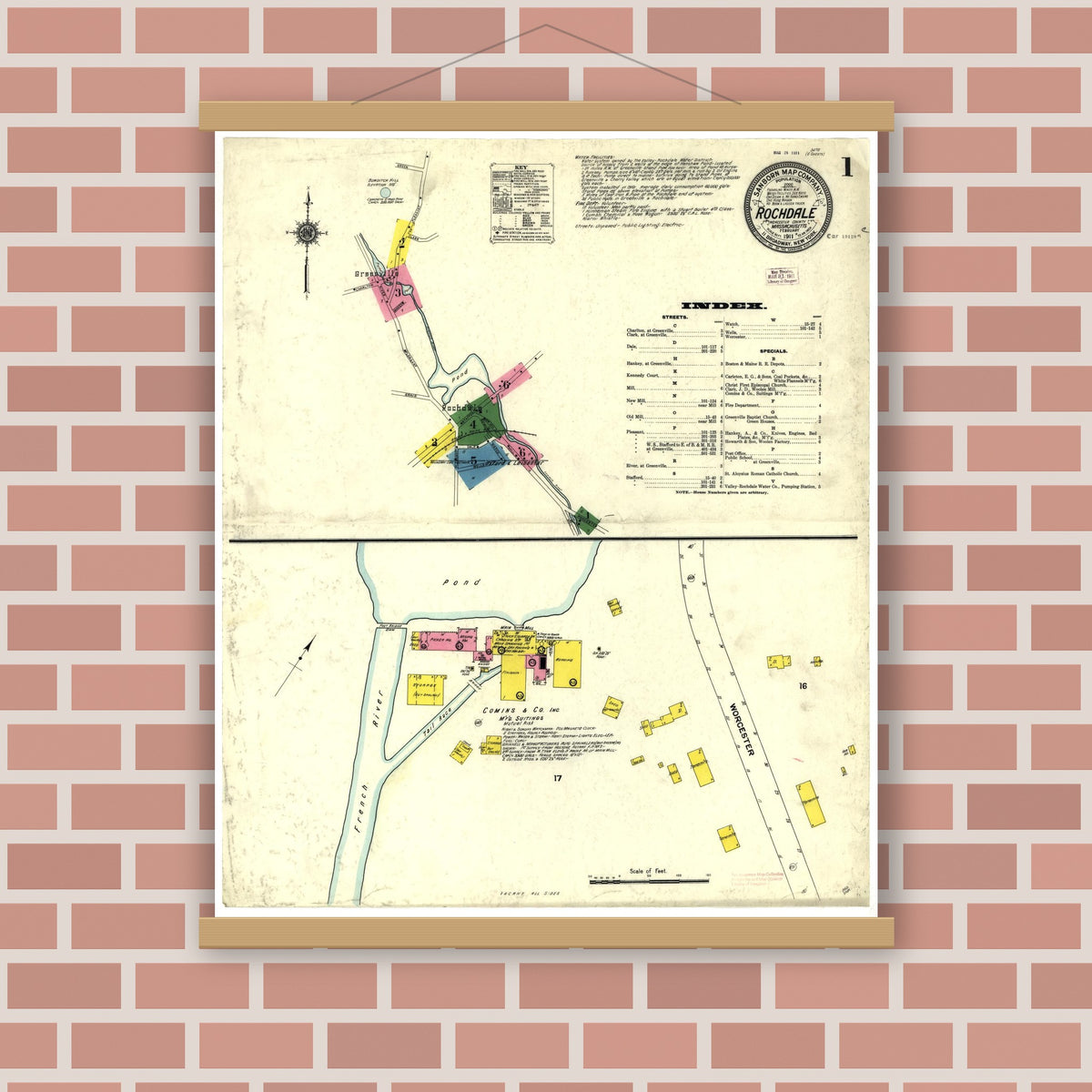 Old map wall art mockup — magnetic wood frame on brick wall — Sanborn Fire Insurance Map from Rochdale, Worcester County, Massachusetts (1911), Sheet #0001