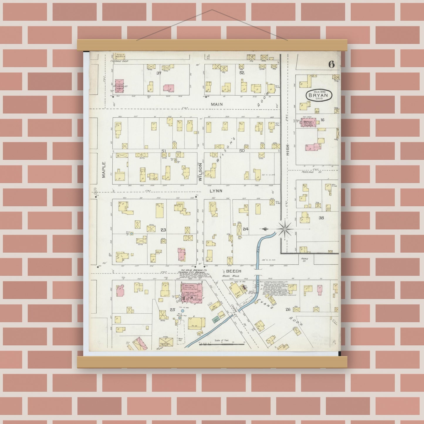 Old map wall art mockup — magnetic wood frame on brick wall — Sanborn Fire Insurance Map from Bryan, Williams County, Ohio (1893), Sheet #0006