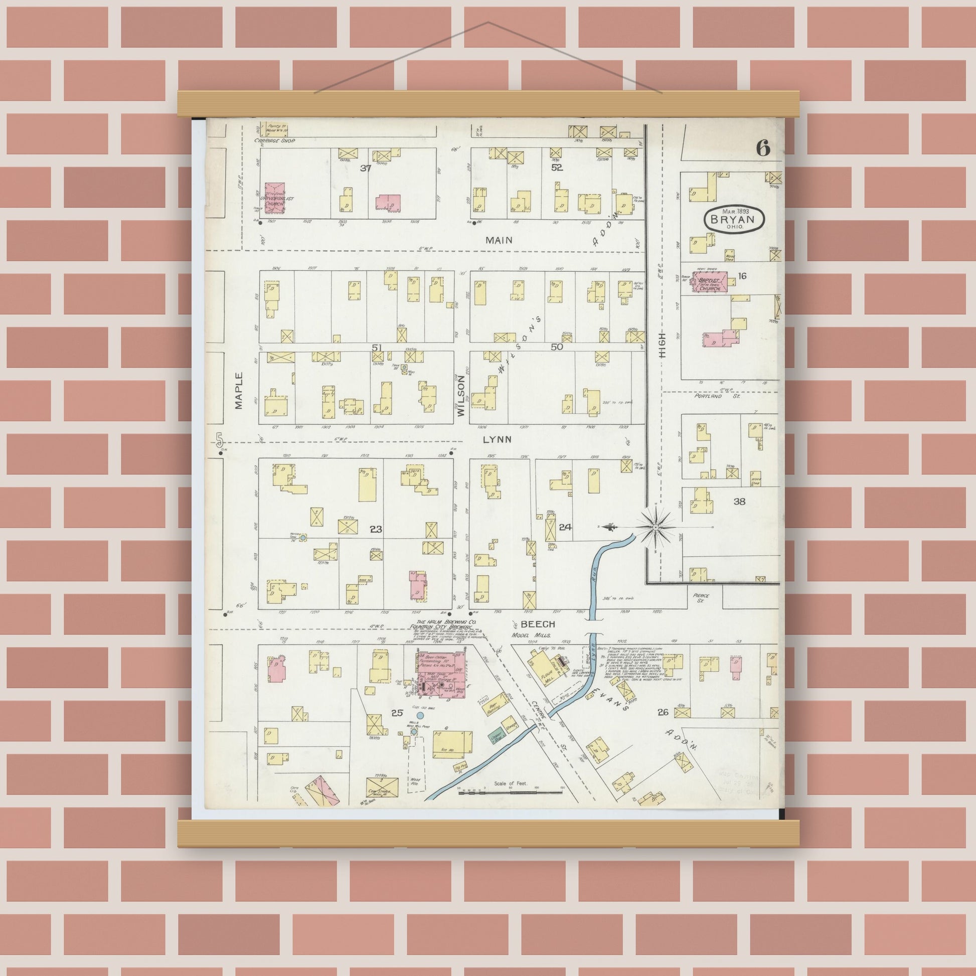 Old map wall art mockup — magnetic wood frame on brick wall — Sanborn Fire Insurance Map from Bryan, Williams County, Ohio (1893), Sheet #0006