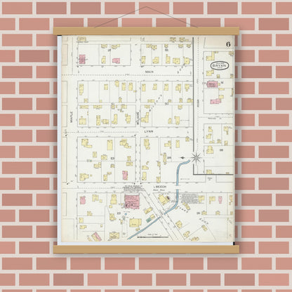 Old map wall art mockup — magnetic wood frame on brick wall — Sanborn Fire Insurance Map from Bryan, Williams County, Ohio (1893), Sheet #0006