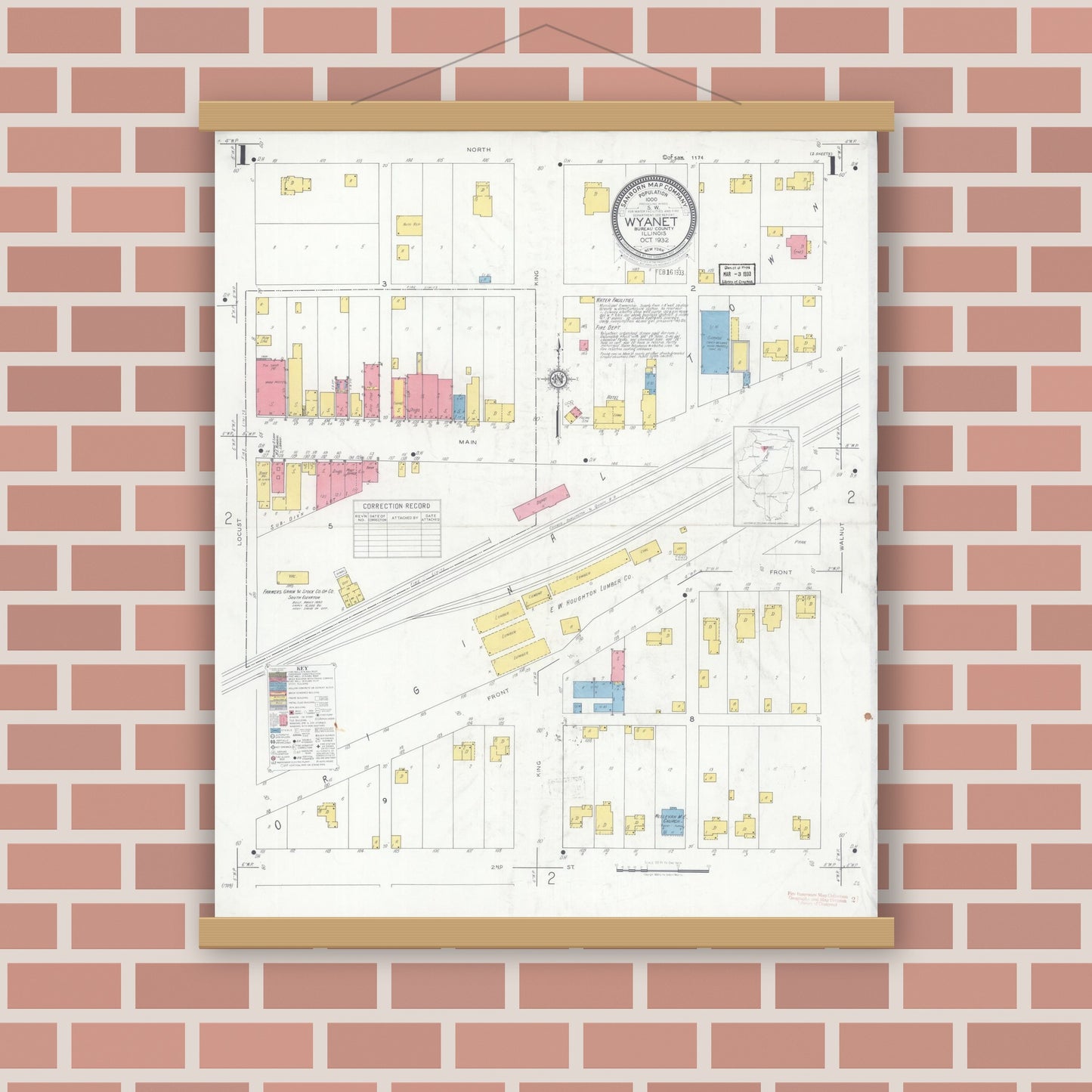 Old map wall art mockup — magnetic wood frame on brick wall — Sanborn Fire Insurance Map from Wyanet, Bureau County, Illinois (1932), Sheet #0001