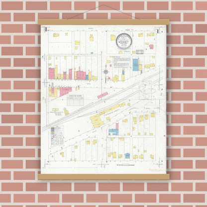 Old map wall art mockup — magnetic wood frame on brick wall — Sanborn Fire Insurance Map from Wyanet, Bureau County, Illinois (1932), Sheet #0001