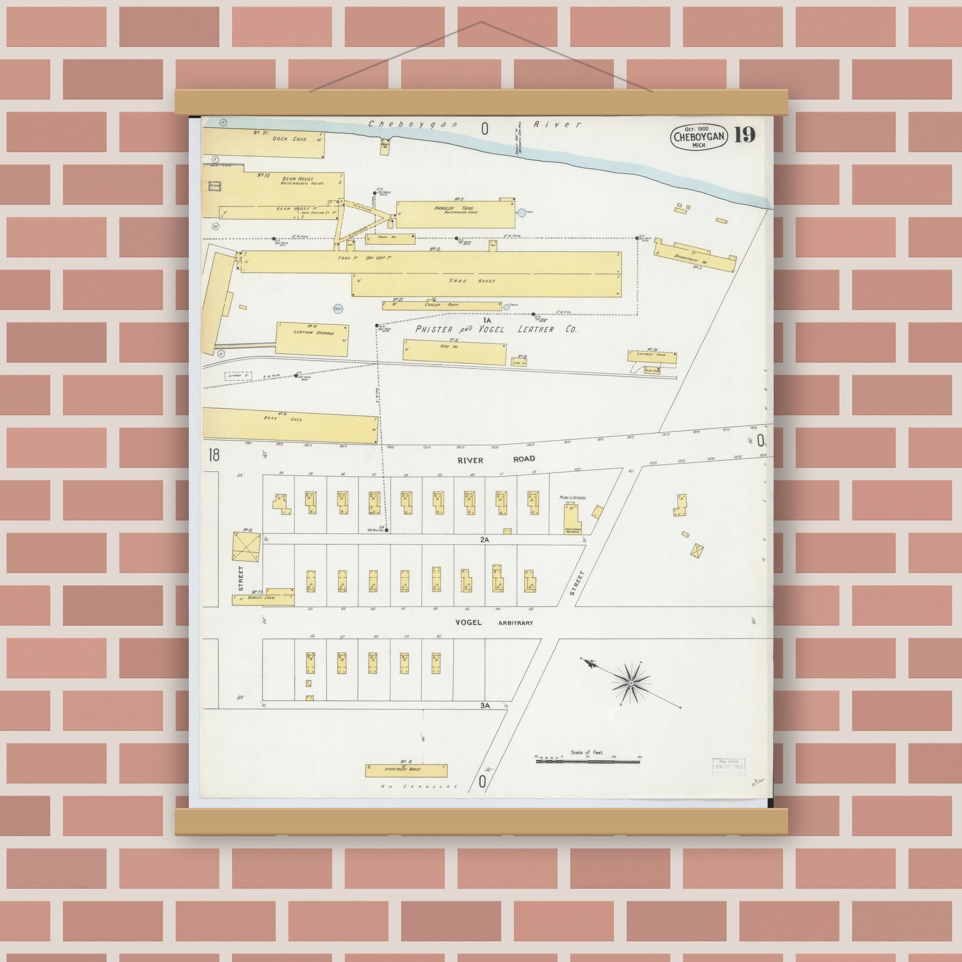 Old map wall art mockup — magnetic wood frame on brick wall — Sanborn Fire Insurance Map from Cheboygan, Cheboygan County, Michigan (1900), Sheet #0019