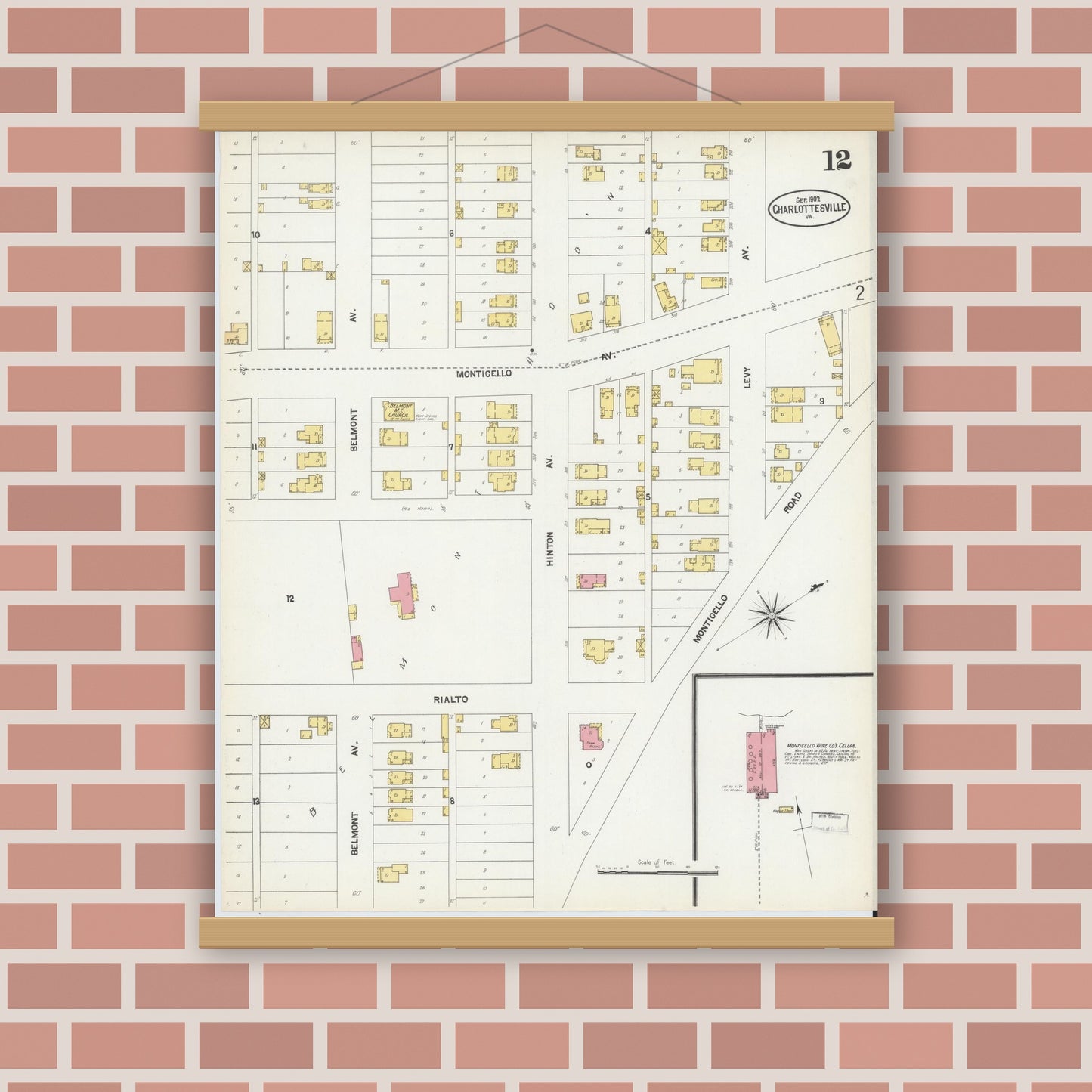 Old map wall art mockup — magnetic wood frame on brick wall — Sanborn Fire Insurance Map from Charlottesville, Independent Cities, Virginia (1902), Sheet #0012