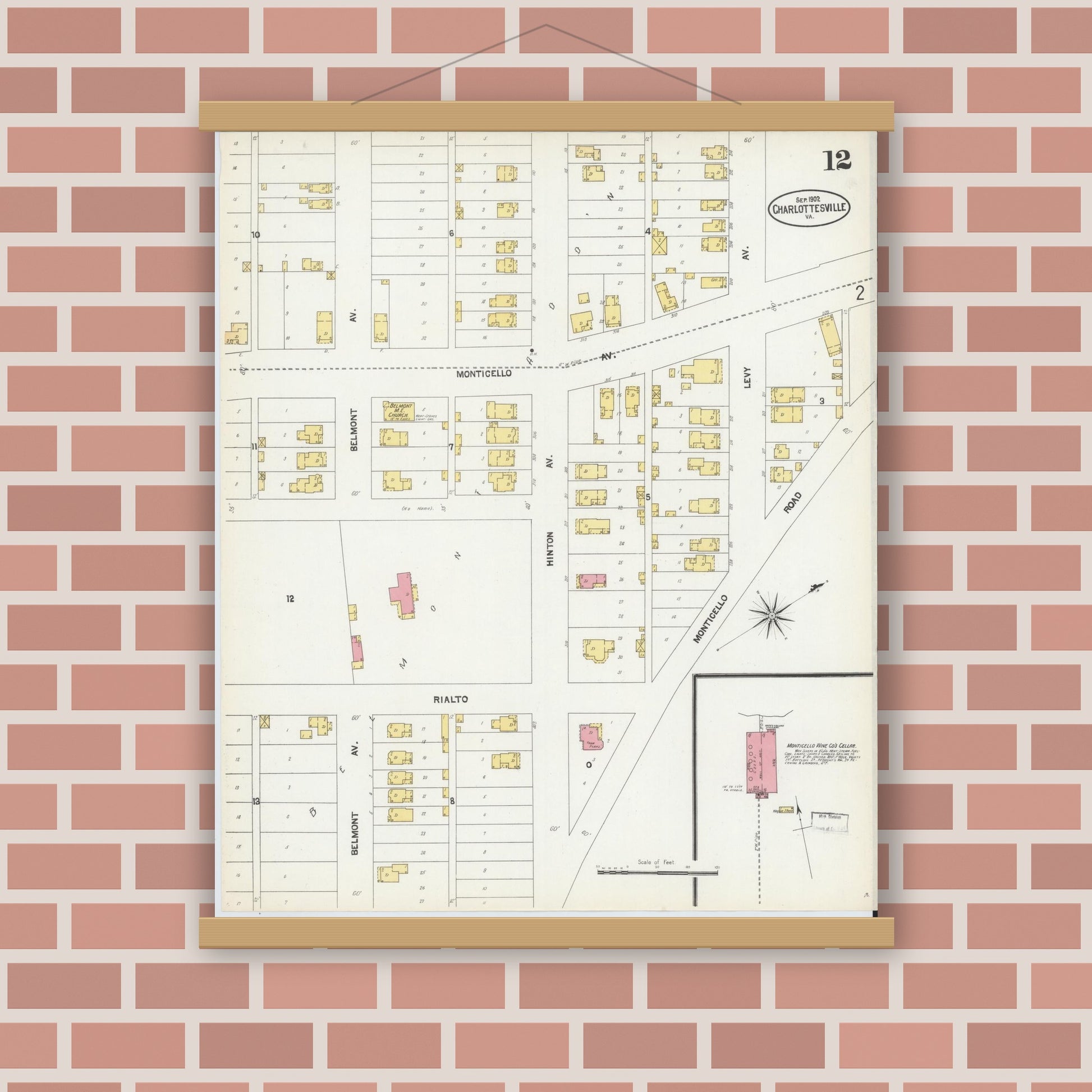 Old map wall art mockup — magnetic wood frame on brick wall — Sanborn Fire Insurance Map from Charlottesville, Independent Cities, Virginia (1902), Sheet #0012