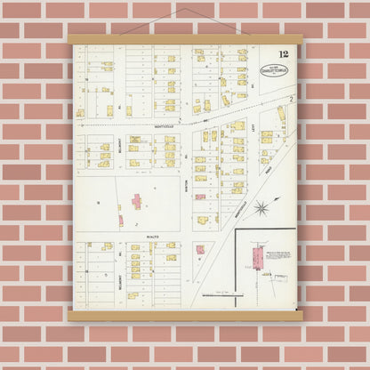 Old map wall art mockup — magnetic wood frame on brick wall — Sanborn Fire Insurance Map from Charlottesville, Independent Cities, Virginia (1902), Sheet #0012