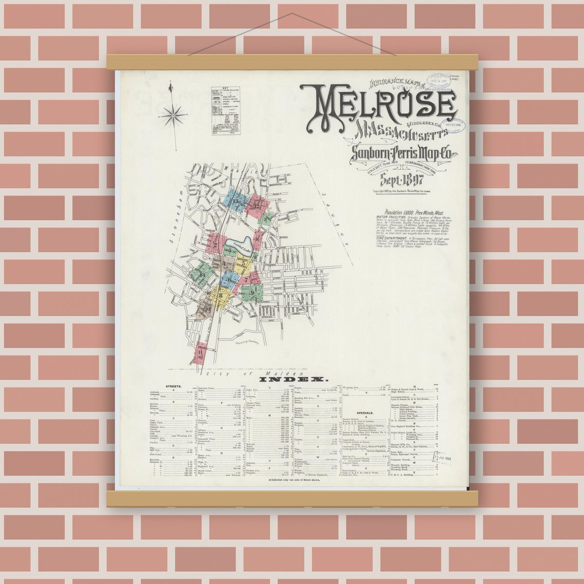 Old map wall art mockup — magnetic wood frame on brick wall — Sanborn Fire Insurance Map from Melrose, Middlesex County, Massachusetts (1897), Sheet #0001