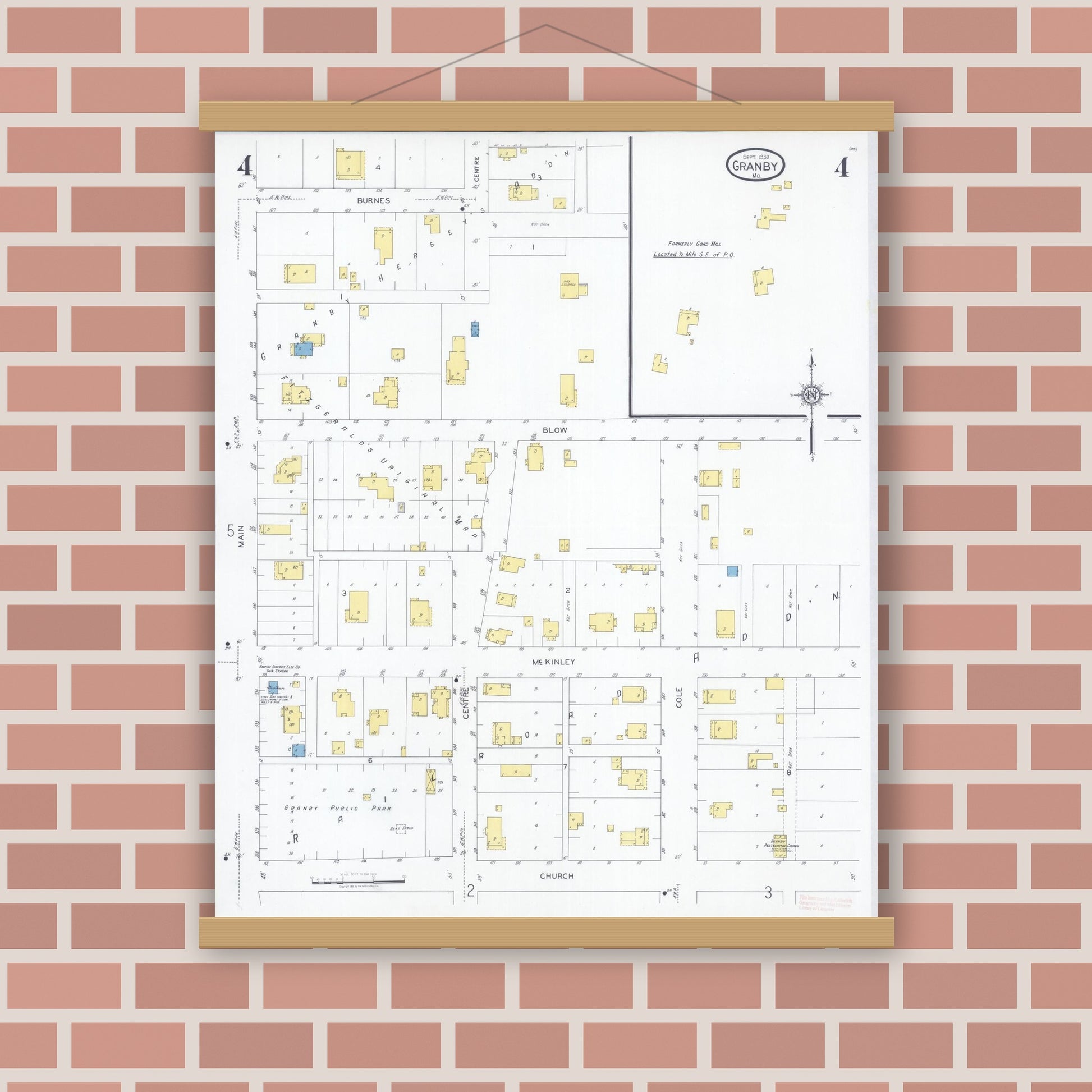 Old map wall art mockup — magnetic wood frame on brick wall — Sanborn Fire Insurance Map from Granby, Newton County, Missouri (1930), Sheet #0004
