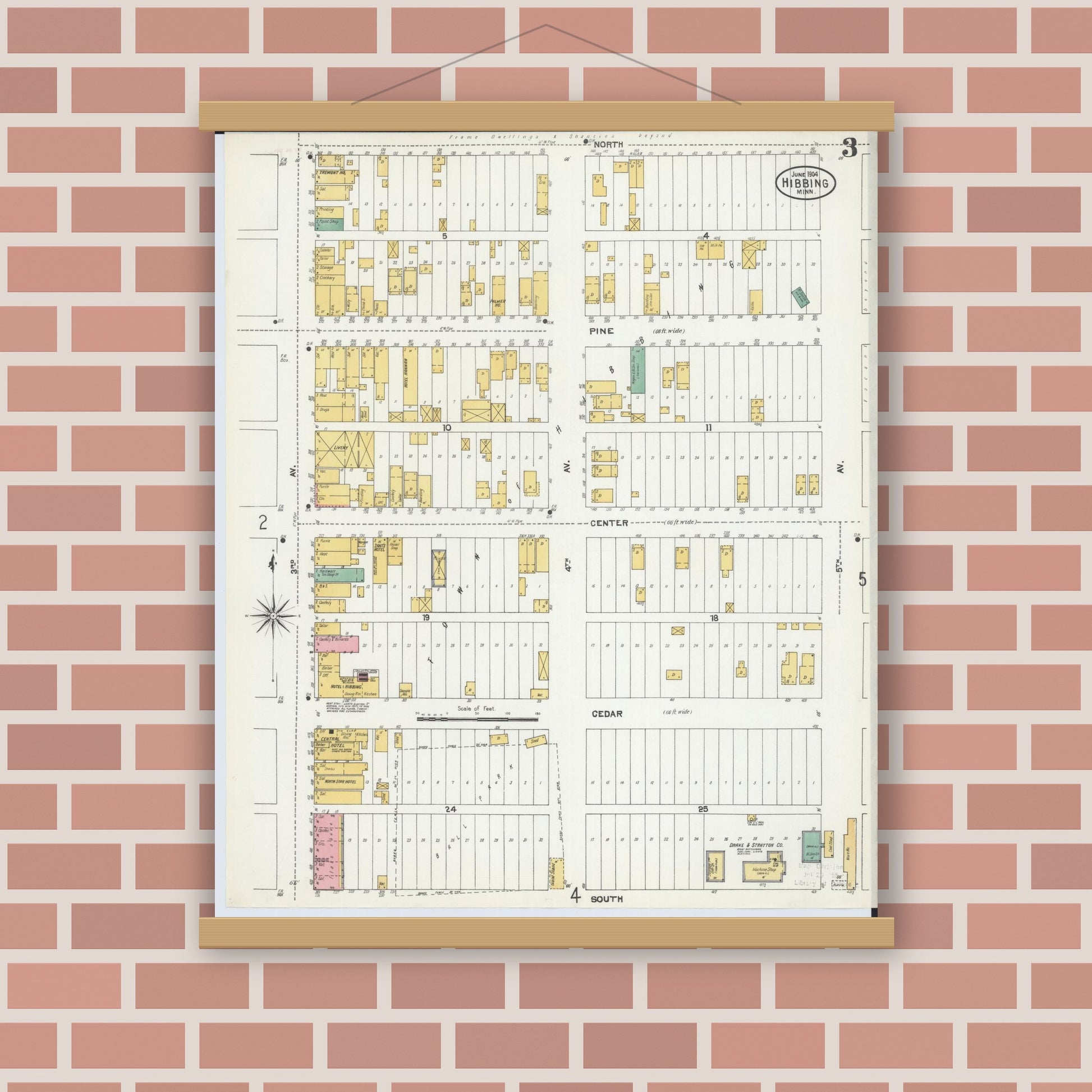 Old map wall art mockup — magnetic wood frame on brick wall — Sanborn Fire Insurance Map from Hibbing, Saint Louis County, Minnesota (1904), Sheet #0003