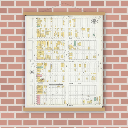 Old map wall art mockup — magnetic wood frame on brick wall — Sanborn Fire Insurance Map from Hibbing, Saint Louis County, Minnesota (1904), Sheet #0003