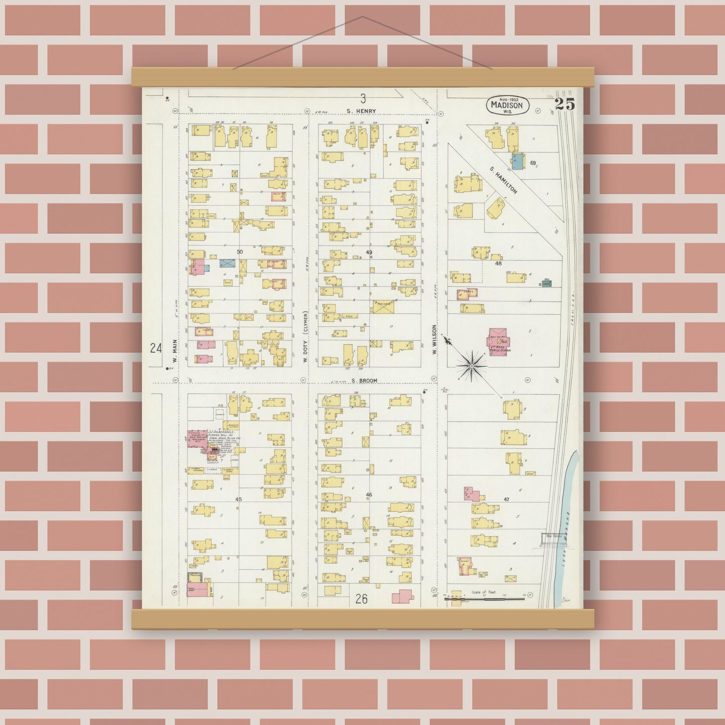 Old map wall art mockup — magnetic wood frame on brick wall — Sanborn Fire Insurance Map from Madison, Dane County, Wisconsin (1902), Sheet #0025