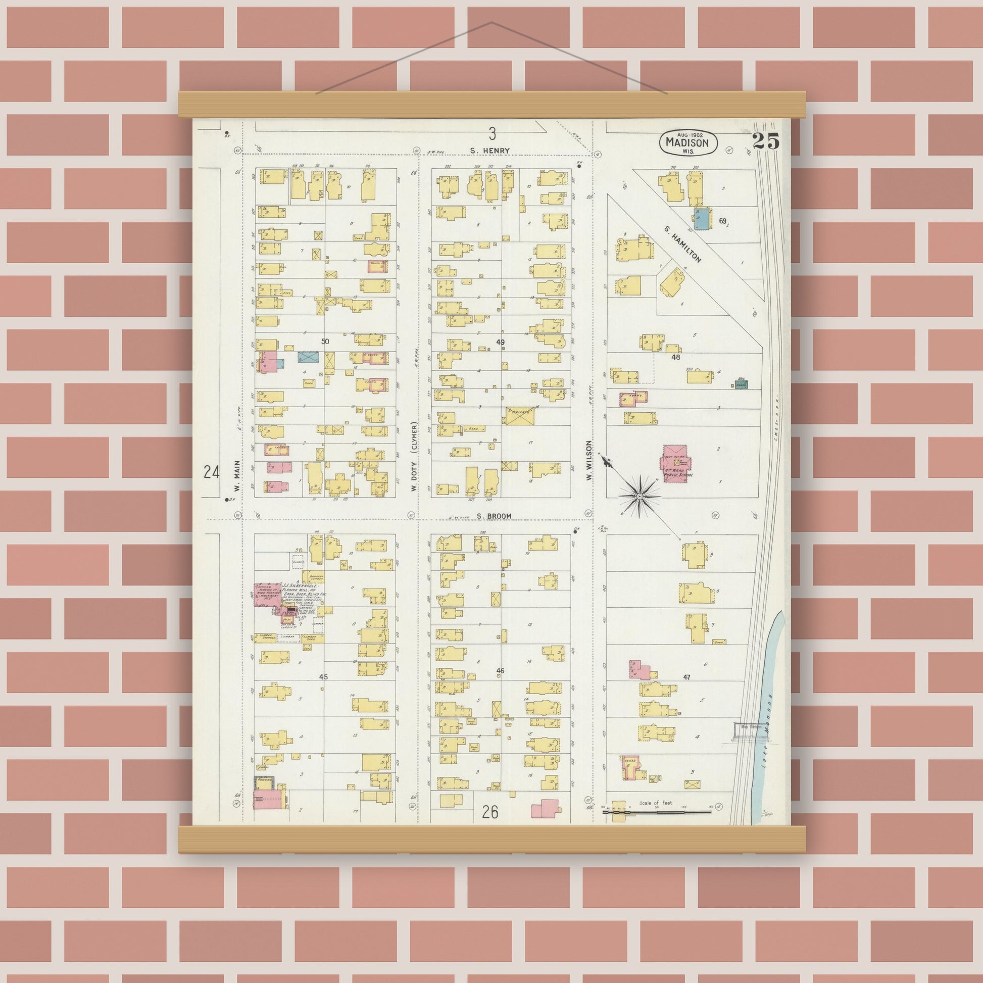 Old map wall art mockup — magnetic wood frame on brick wall — Sanborn Fire Insurance Map from Madison, Dane County, Wisconsin (1902), Sheet #0025