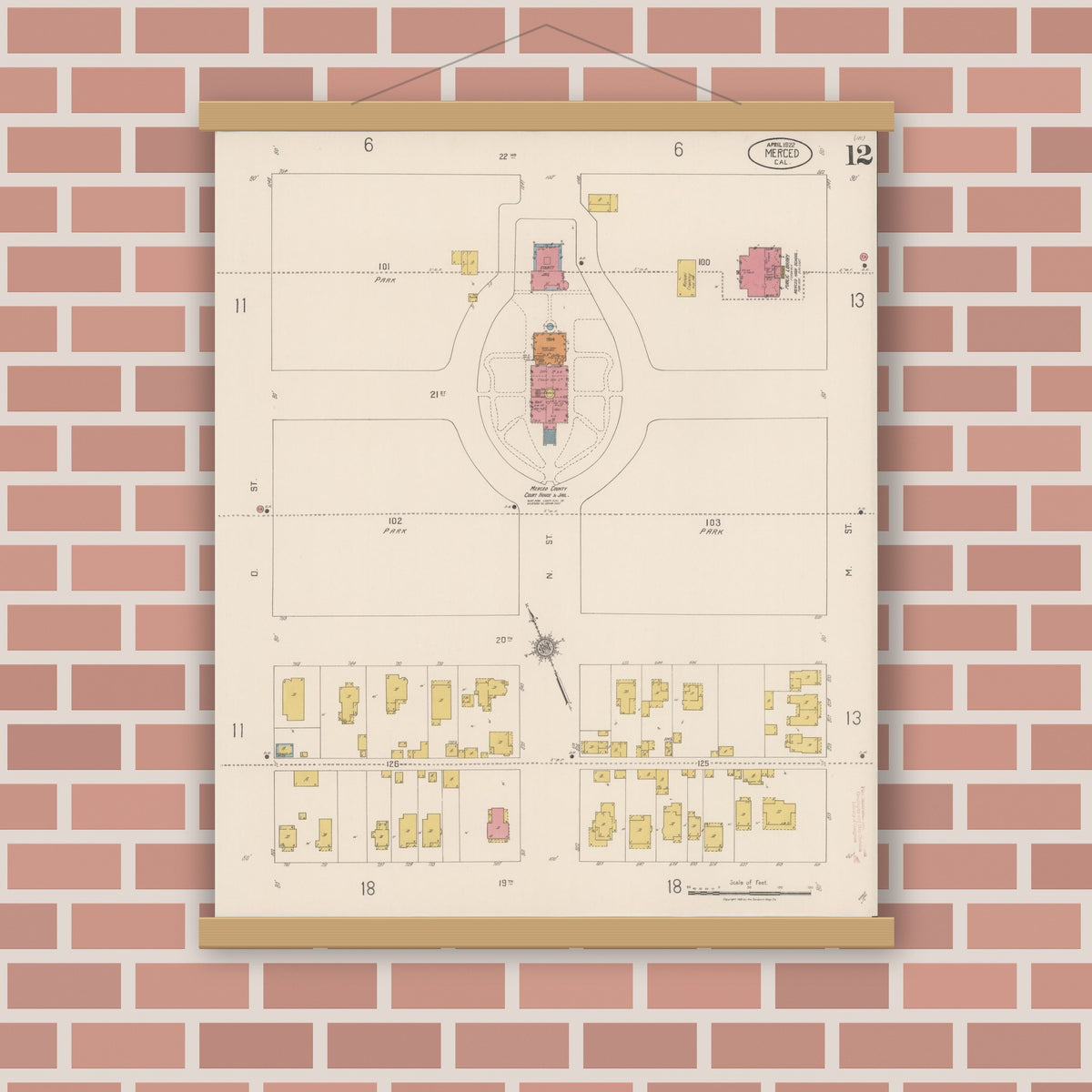 Old map wall art mockup — magnetic wood frame on brick wall — Sanborn Fire Insurance Map from Merced, Merced County, California (1922), Sheet #0012