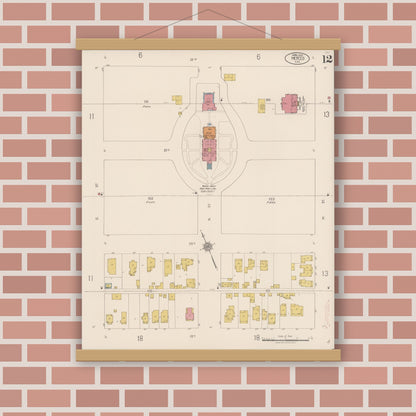 Old map wall art mockup — magnetic wood frame on brick wall — Sanborn Fire Insurance Map from Merced, Merced County, California (1922), Sheet #0012
