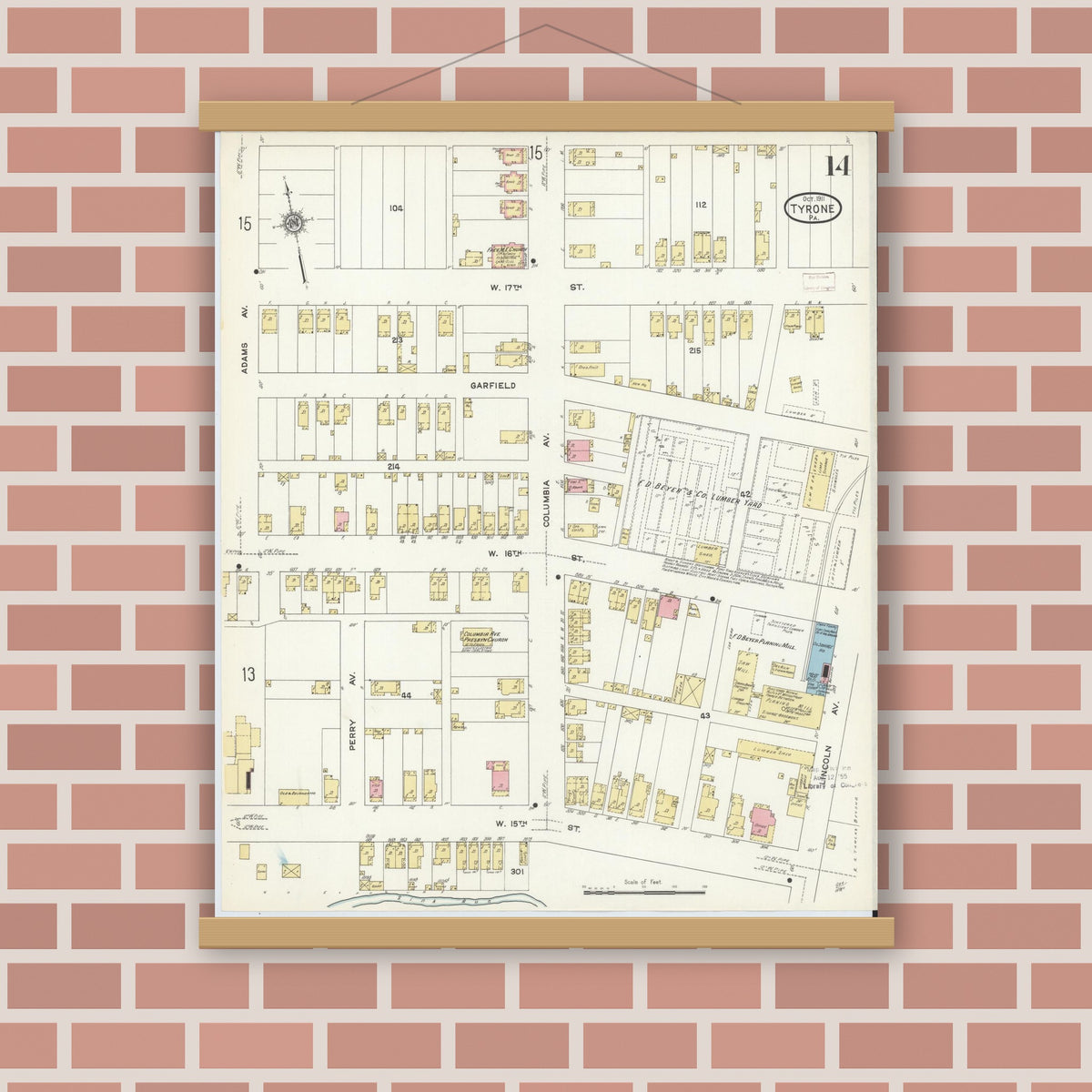 Old map wall art mockup — magnetic wood frame on brick wall — Sanborn Fire Insurance Map from Tyrone, Blair County, Pennsylvania (1911), Sheet #0014