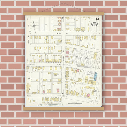 Old map wall art mockup — magnetic wood frame on brick wall — Sanborn Fire Insurance Map from Tyrone, Blair County, Pennsylvania (1911), Sheet #0014