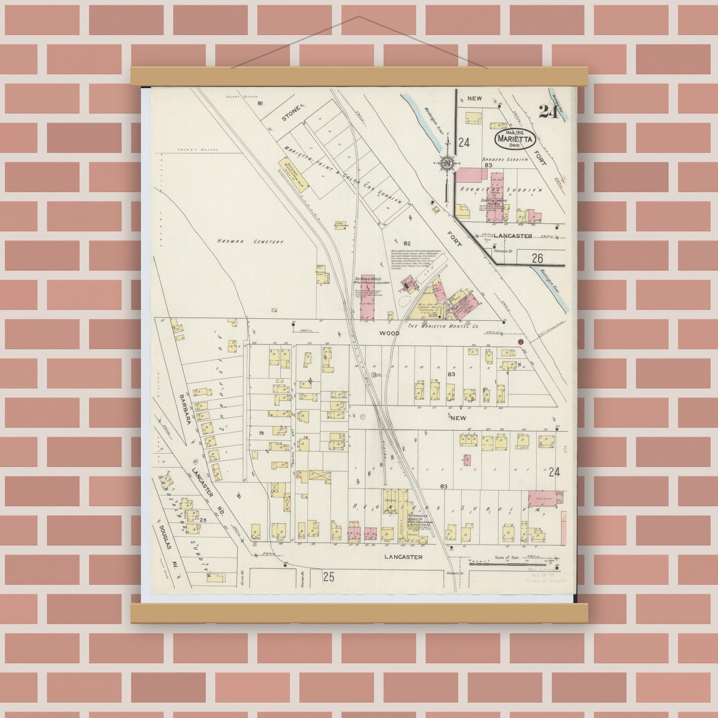 Old map wall art mockup — magnetic wood frame on brick wall — Sanborn Fire Insurance Map from Marietta, Washington County, Ohio (1915), Sheet #0024